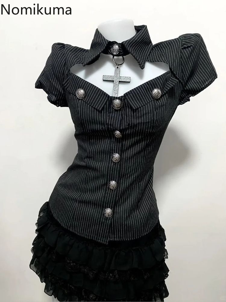 Summer Clothing Y2K - ゴスツーピースセット女性の服中空アウトスリムウエストストライプブラウス A ラインミニスカート衣装ファッション夏 Y2k スーツ
