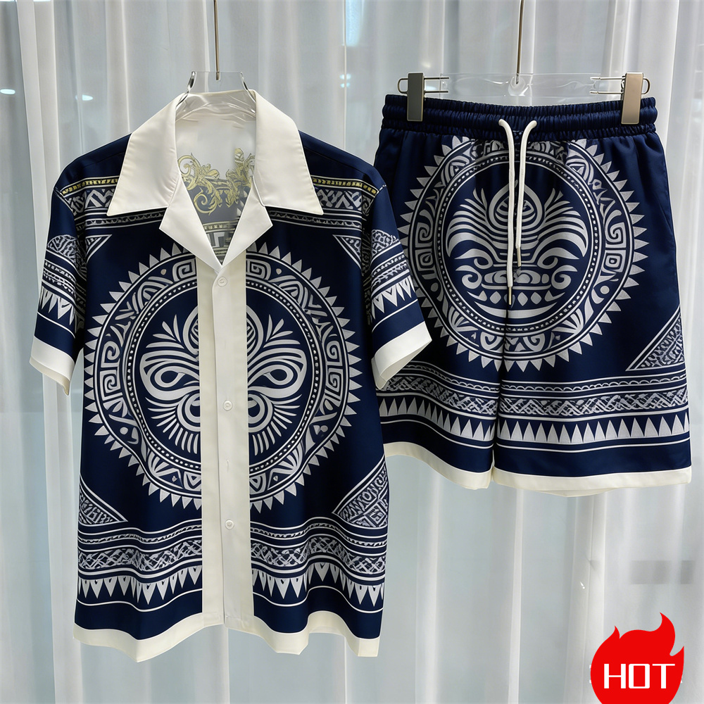 Summer Clothing Y2K - 夏のメンズシャツセット 3Dココナッツツリー柄 ポリエステル製 ツーピースシャツセット ハワイアンシャツ バケーション