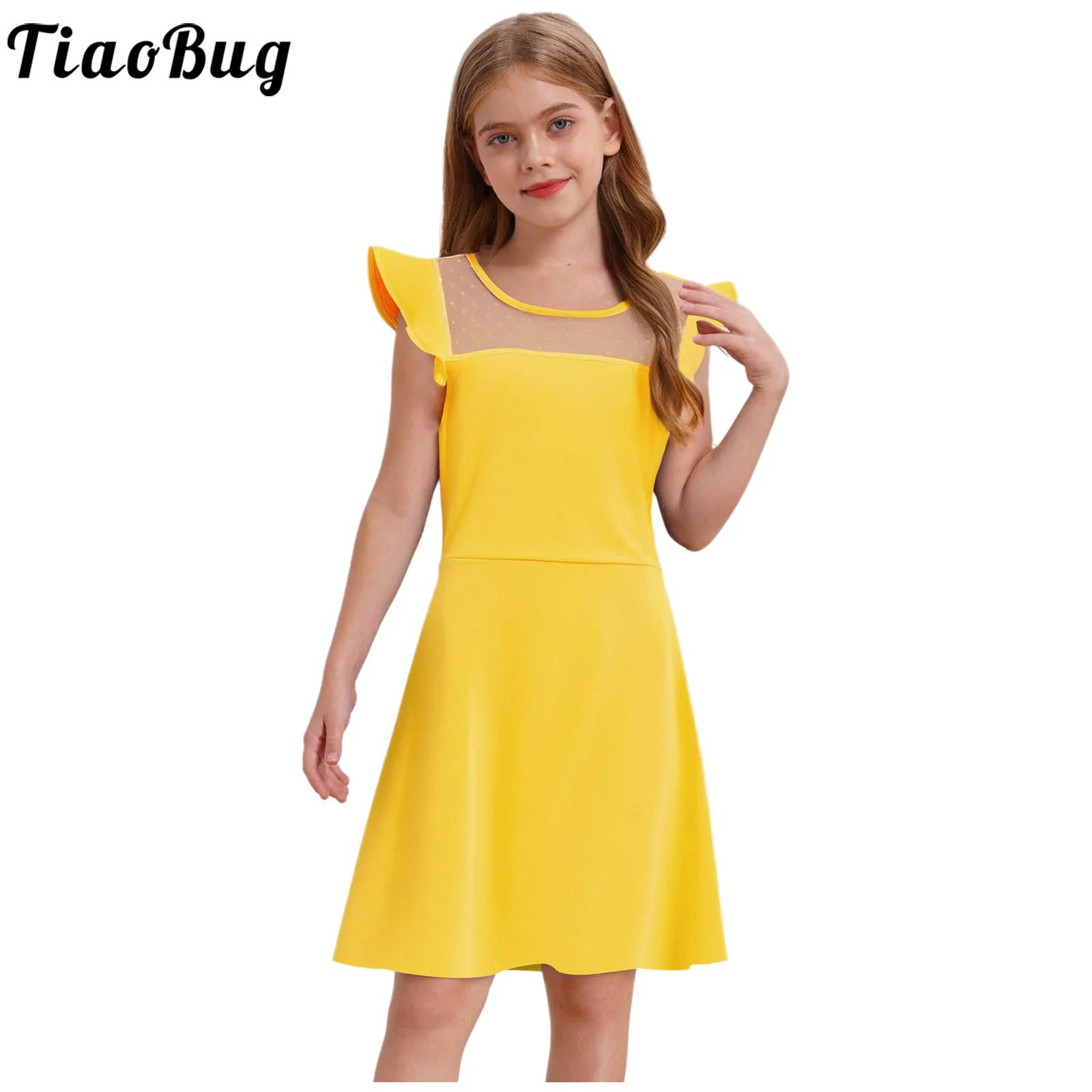 Summer Dresses Yours Clothing - 10代の女の子の夏のドレス、ラッフルスリーブ、ドット柄、シースルーメッシュ、Aラインドレス、誕生日、結婚式、パーティー、ページェント、宴会、プロム、子供服