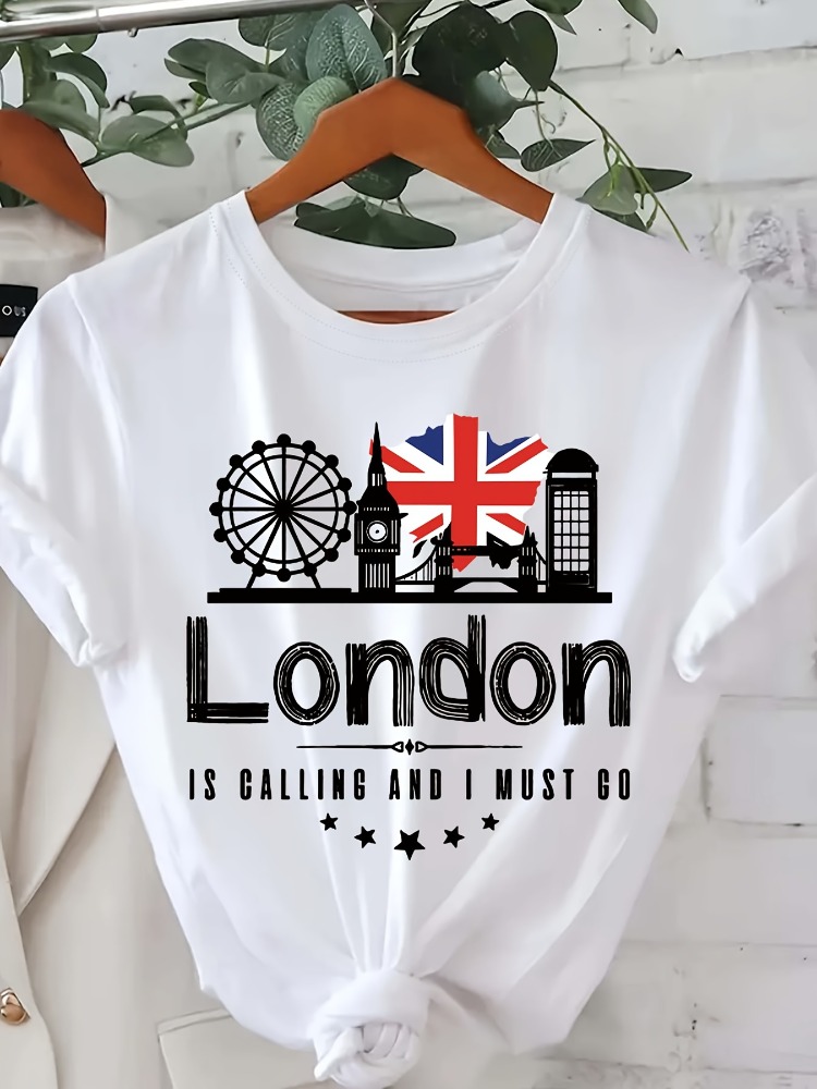 Summer Clothing London - ロンドンレタープリント レディースTシャツ ファッション 半袖 ラウンドネック カジュアルトップ