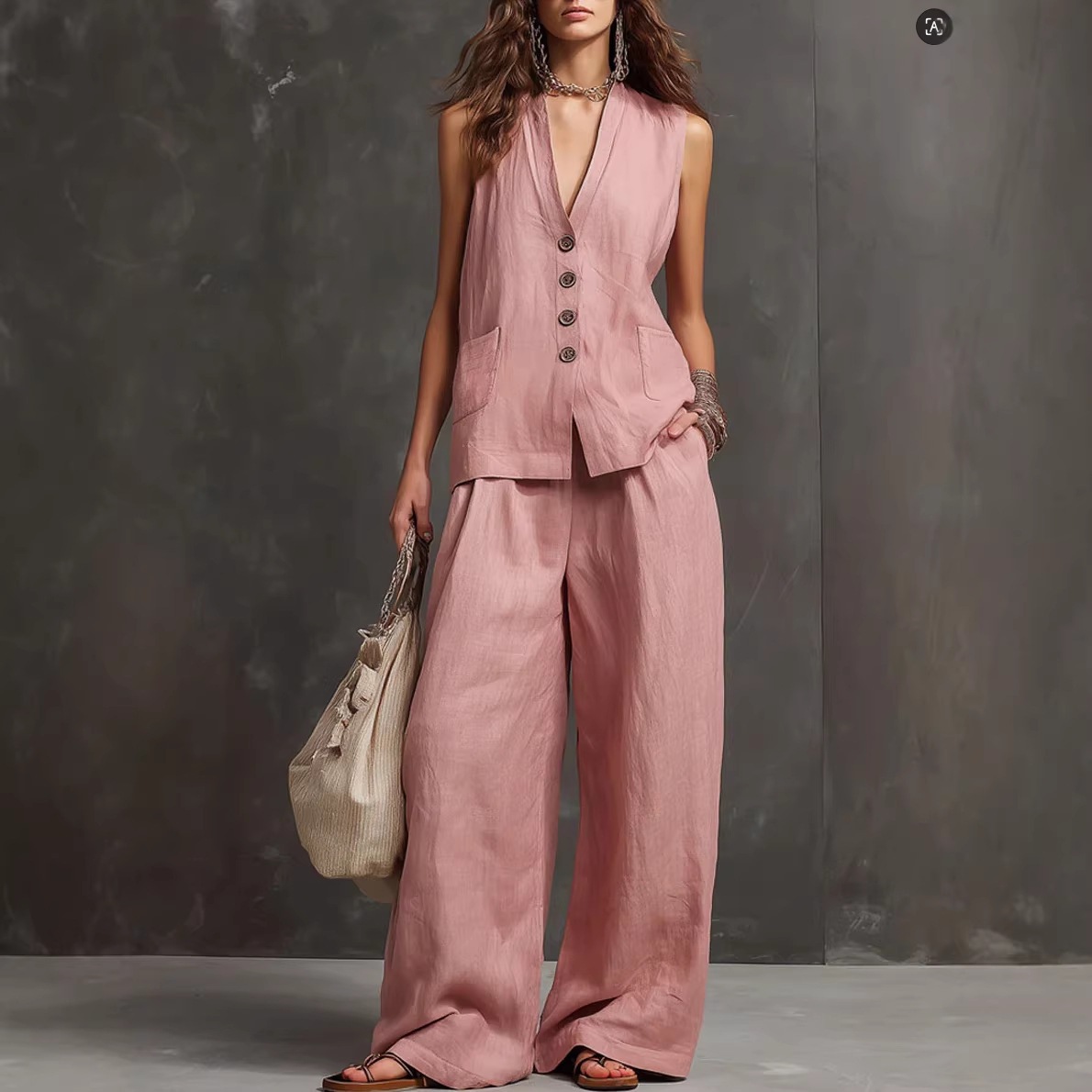 Summer Clothing Wear - 2ピース レディースセット 2026夏物 リネン ノースリーブベスト+ワイドレッグパンツ 優しいエレガントなツーピースセット