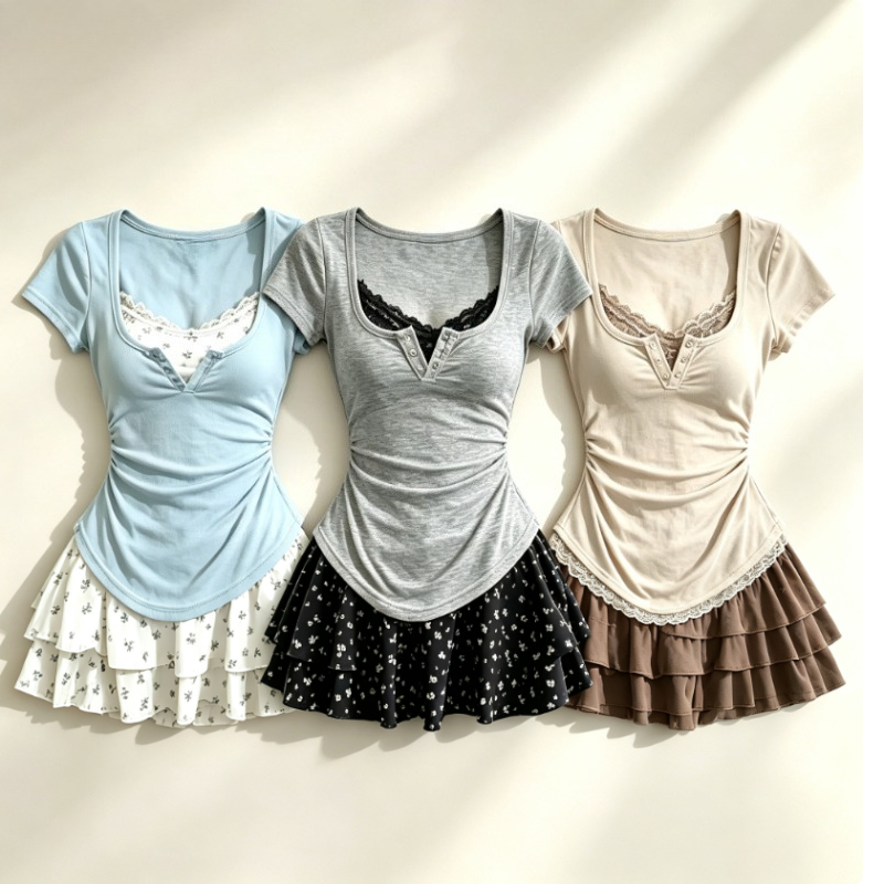Summer Clothing Y2K - ロリータスタイル和菓子2点セット女性カジュアルスリムトップスハイウエストエレガントY2kミニドレスファッションセットシック