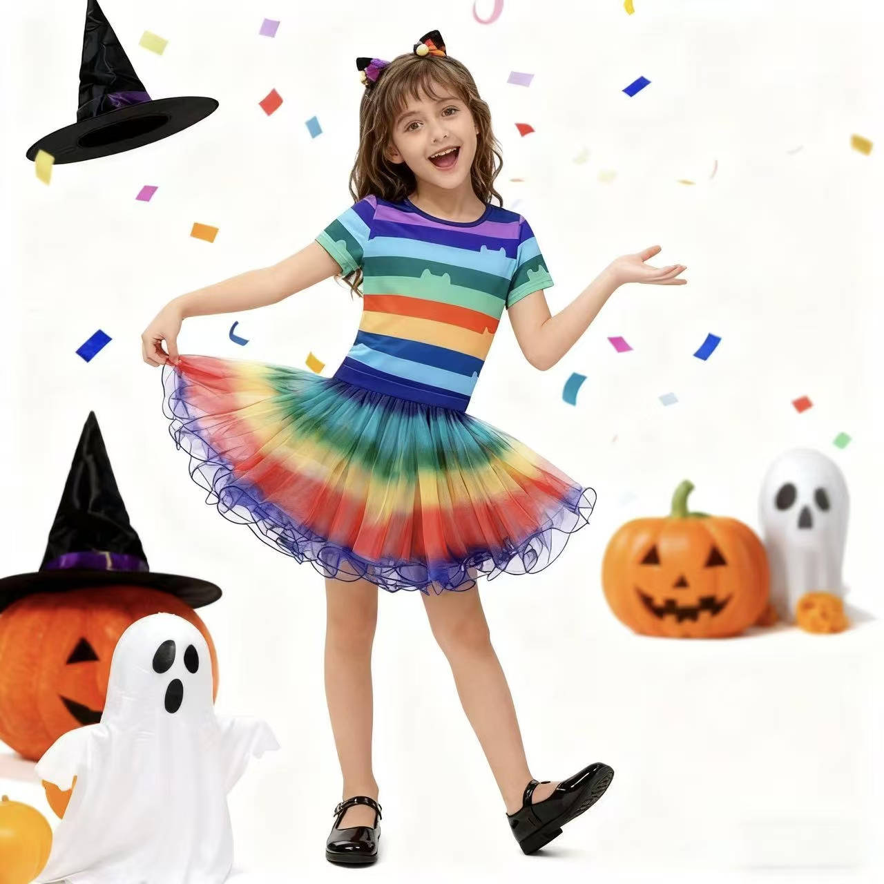 Summer Kids Clothing - 女の子レインボーストライプ Tシャツチュチュスカート猫耳ヘッドバンドセットハロウィンカーニバルコスプレ衣装子供の誕生日服