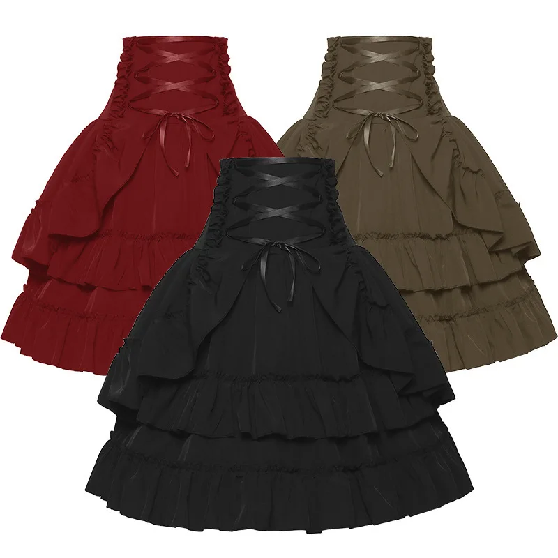 Summer Renaissance Clothing - 女性ビクトリア朝のスカート中世ルネッサンス裁判所二層ハイウエストヴィンテージ包帯スリムビッグスイング服