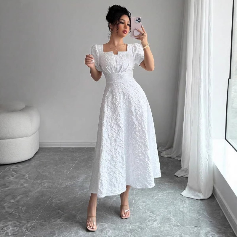 Sundress Midi Floral - 女性用ホワイトエンボス花柄ミディドレス ハイウエストAラインロングドレス 結婚式ゲスト ブライズメイド サマービーチバケーションサンドレス