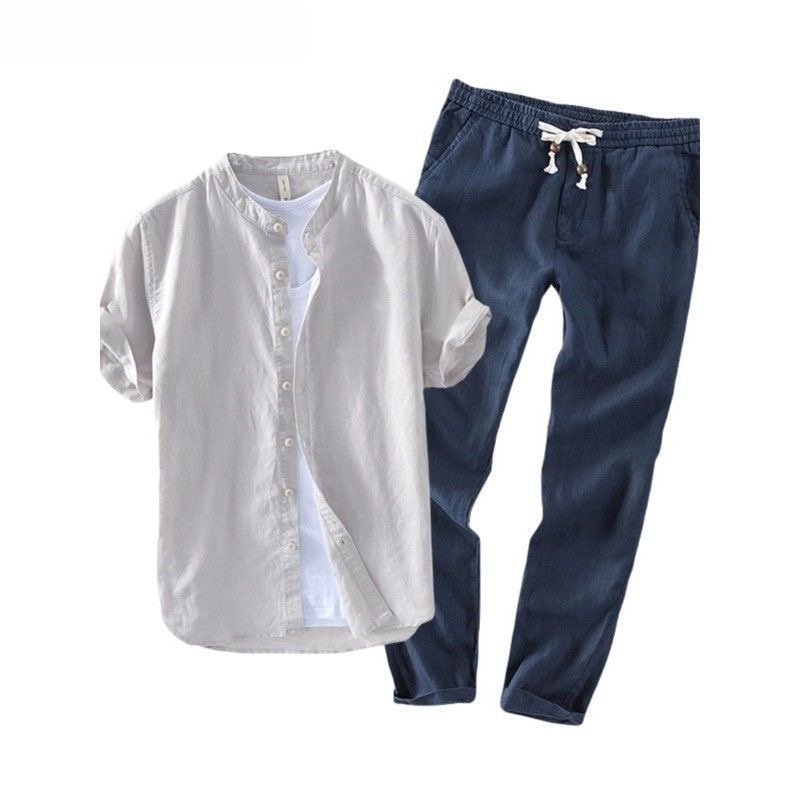 Summer Clothing Wear - メンズリネン半袖カジュアルシャツとTシャツセット通気性のある夏服快適なゆったりとした大きいサイズの服