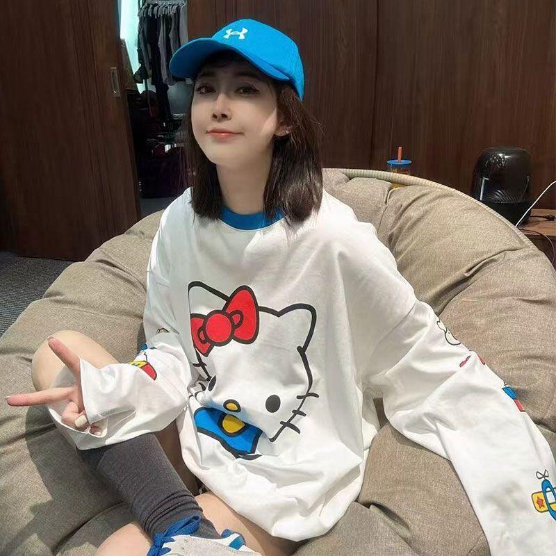 Summer Clothing Styles - 長袖ハローキティ夏の新スタイル漫画かわいいプリント Tシャツ女性のための人気の緩い日焼け防止服薄いトップス