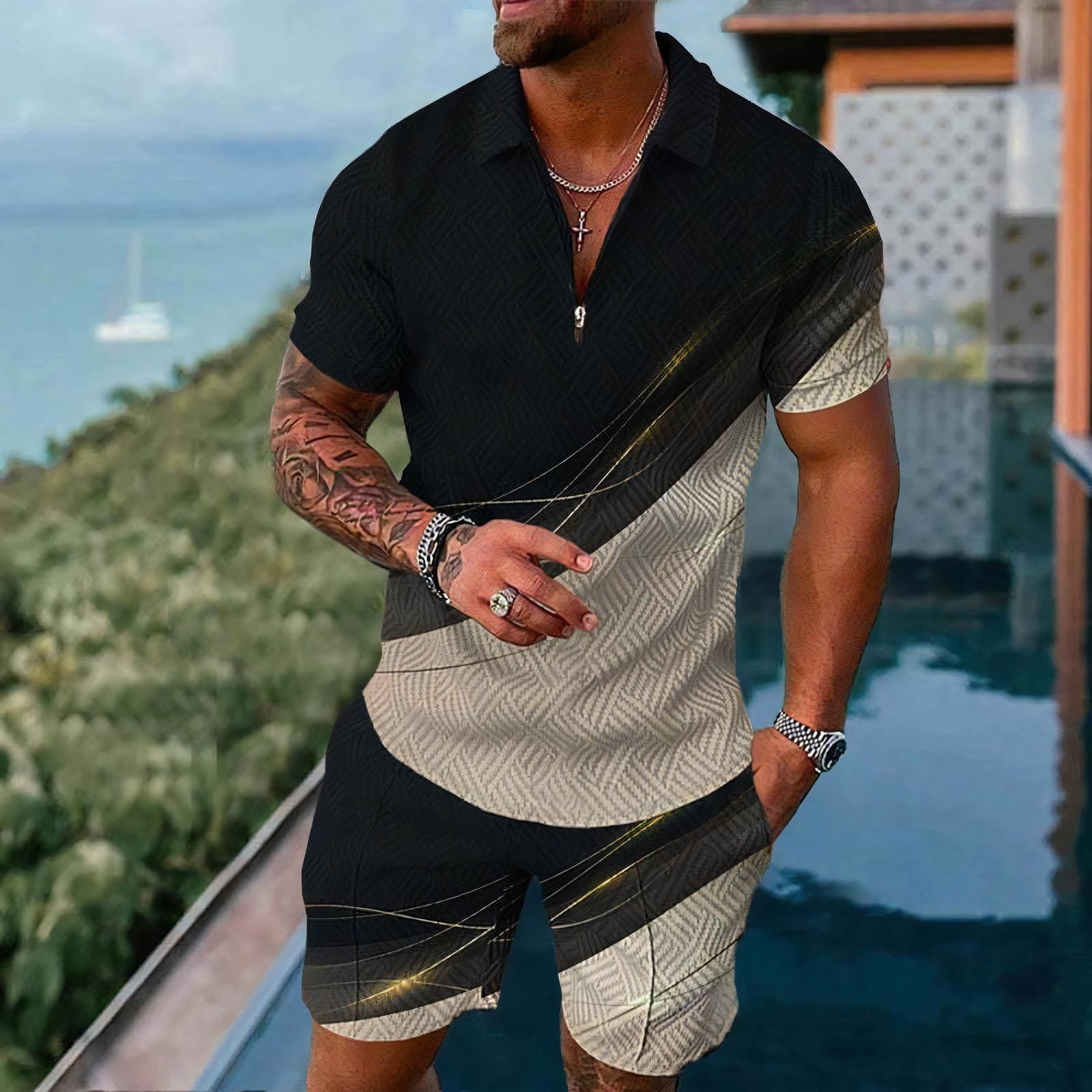 Summer Clothing Styles - メンズポロシャツ半袖セットカジュアルシンプルスタイルツーピース衣装ファッションジッパートップスショーツスーツ夏のストリート服