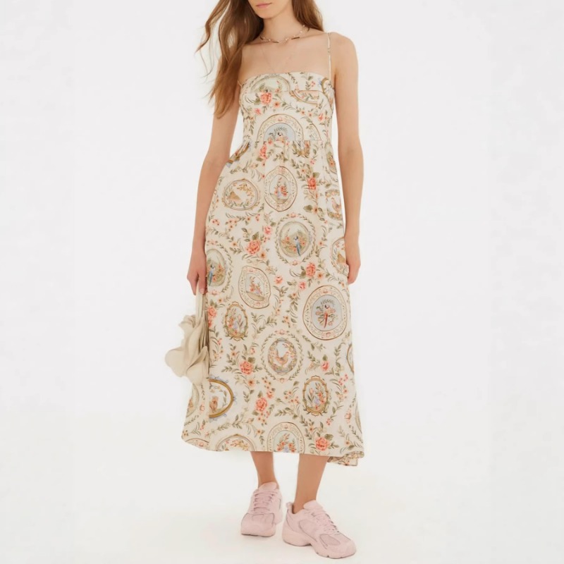 Sundress Midi Floral - 女性用ヴィンテージ花柄プリントスパゲッティストラップミディドレスカジュアルバケーションノースリーブサンドレス普段着用