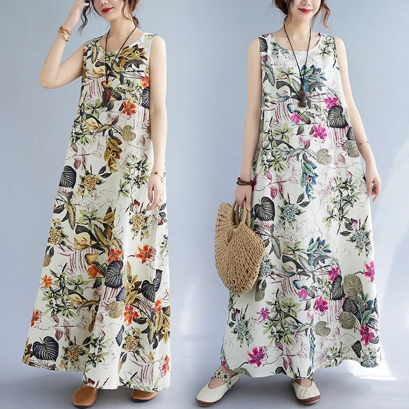 Sundress Midi Floral - 夏の花柄プリントコットンリネン、ノースリーブルーズフィットワンピース、プラスサイズ、ヴィンテージラウンドネックミディ丈、ロングサンドレスビーチカジュアルローブ
