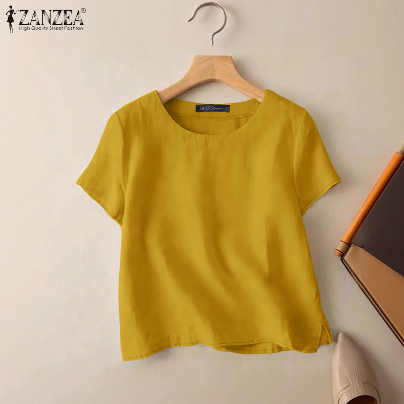 Summer Clothing Wear - ZANZEA 夏カジュアルコットンブラウス女性用 O ネック半袖サイドスリット薄手トップスデイウェアソリッドカラー Blusas de