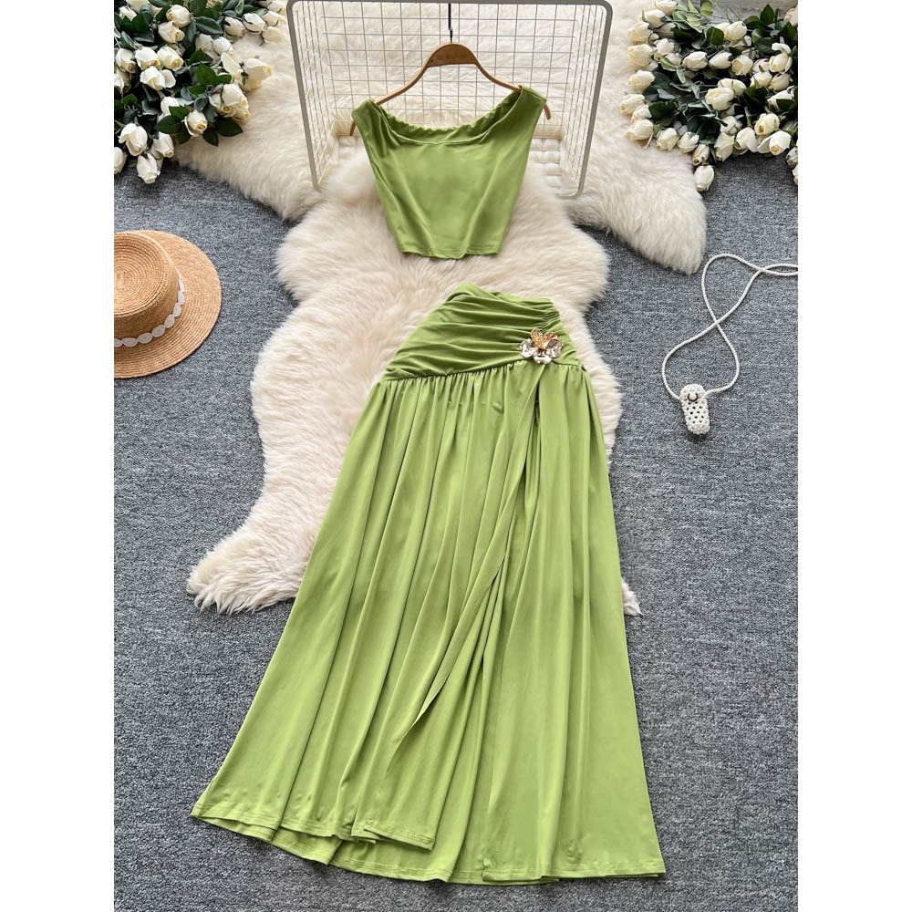 Summer Clothing Vintage - シックなヴィンテージノースリーブスリット入りスリムエレガントフェアリーコリアンファッションボヘミアンサンドレスレディース服ツーピースセット