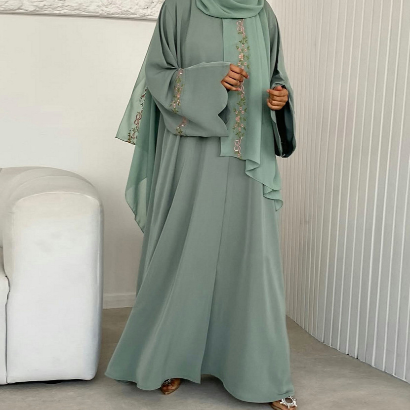Summer Clothing Hijab - ドバイアバヤメーカー イスラム服 アバヤ レディースドレス フロント刺繍アバヤとヒジャブ2点セット 夏