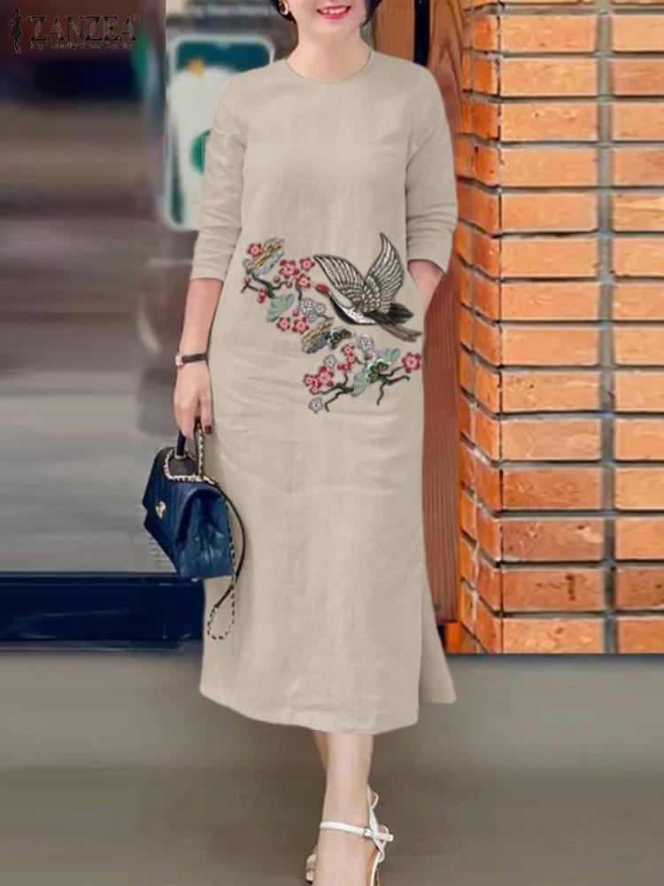 Sundress Midi Floral - ZANZEA 女性ヴィンテージ刺繍サンドレス O ネックレジャーサイドスリットホリデー Vestido 3/4