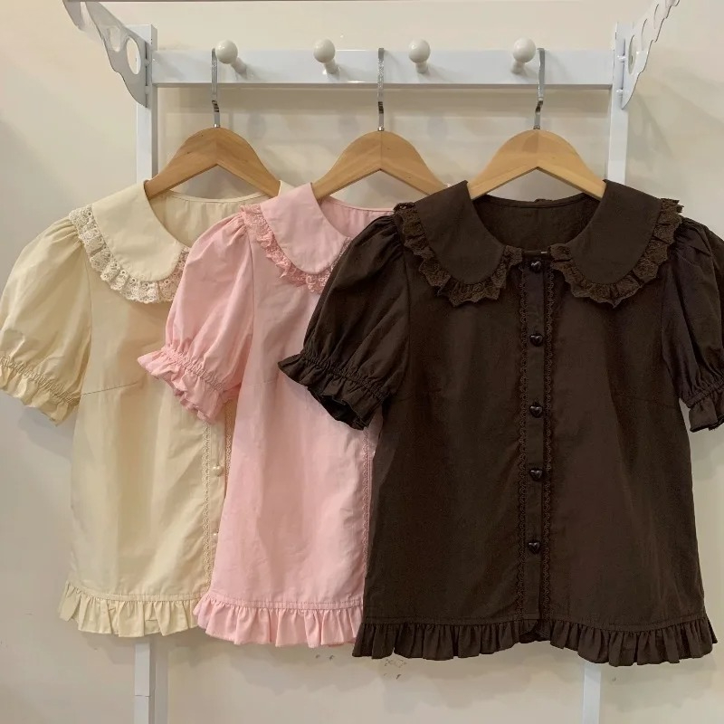Summer Kids Clothing - 夏日本のかわいいロリータシャツ女性甘いパフ半袖レースフリルスリムブラウス女の子かわいい Y2k 服トップス Blusas