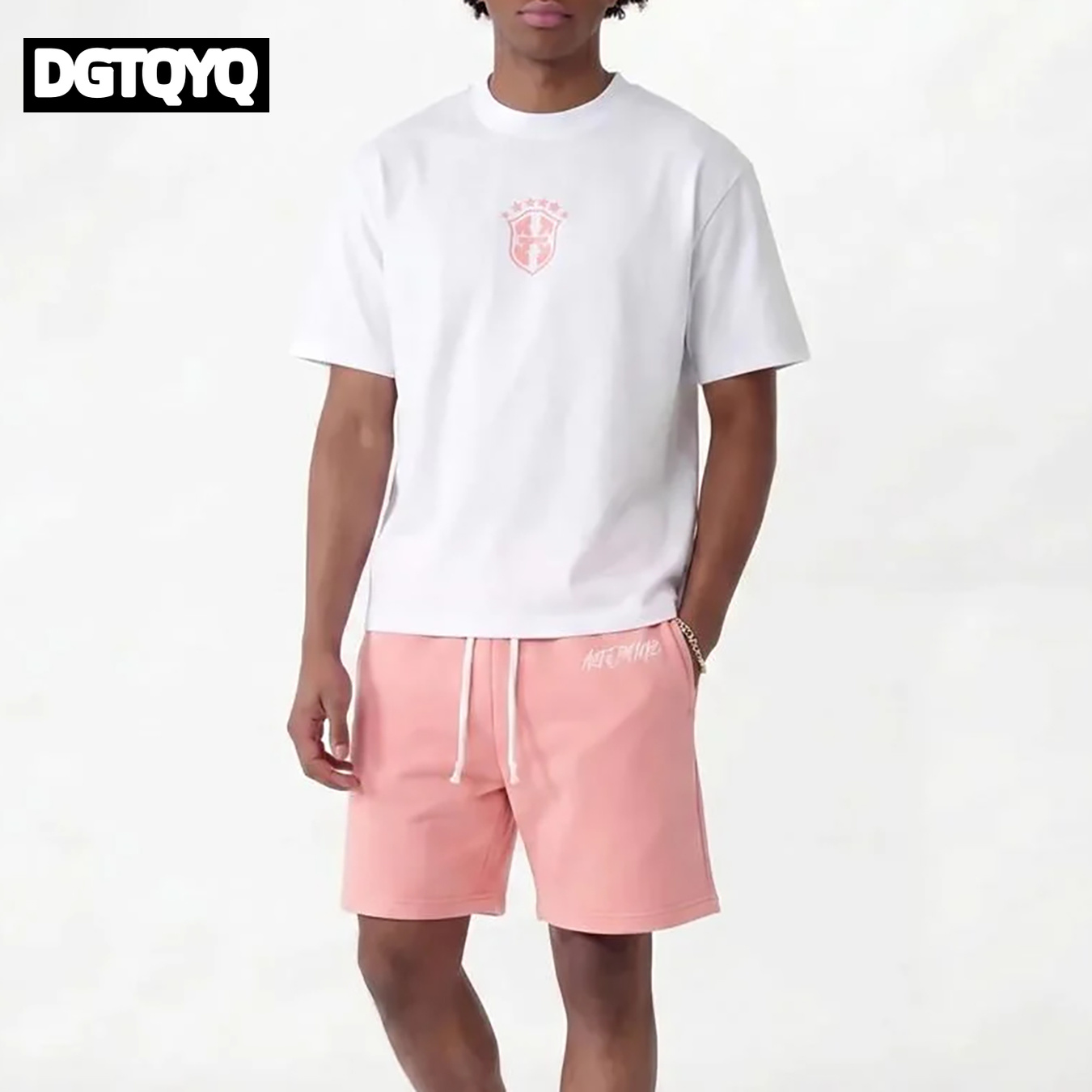 Summer Clothing Styles - メンズサマー新作ピンク刺繍入りカジュアルショーツストレートルーズショーツプリントラウンドネックTシャツセット（女性用）