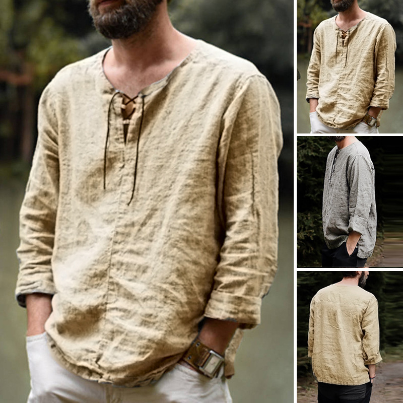 Summer Renaissance Clothing - 夏の新メンズルネッサンス胸紐シャツ中世バイキングトップコットンリネンシャツメンズ長袖服