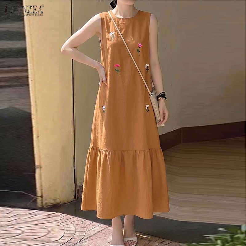 Sundress Midi Floral - 女性カジュアル O ネックノースリーブドレス ZANZEA ファッション夏のサンドレススタイリッシュな花柄刺繍ミディドレスエレガントなワークローブ