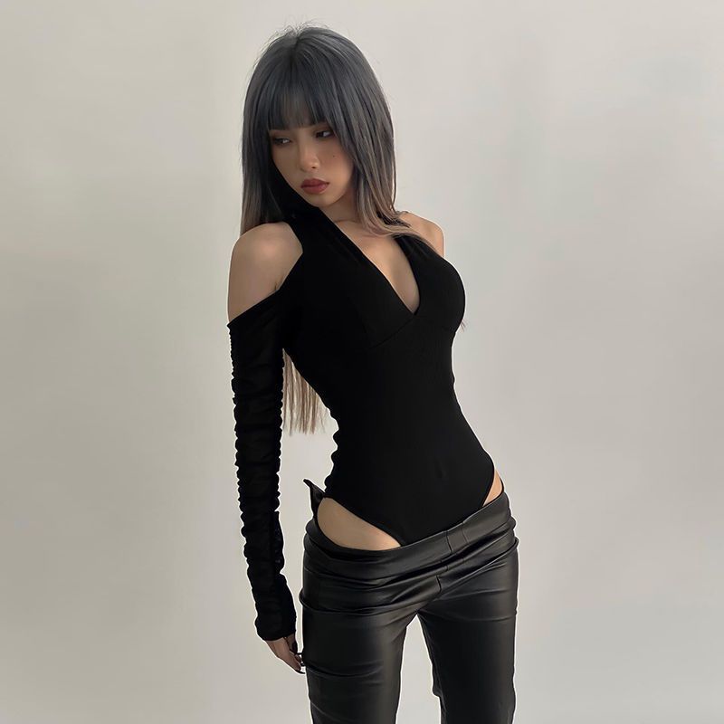 Summer Clothing Model - 女性のセクシーな中空ボディスーツ長袖オフショルダートップス無地ファッションハンギングネックカラージャンプスーツボトミング服