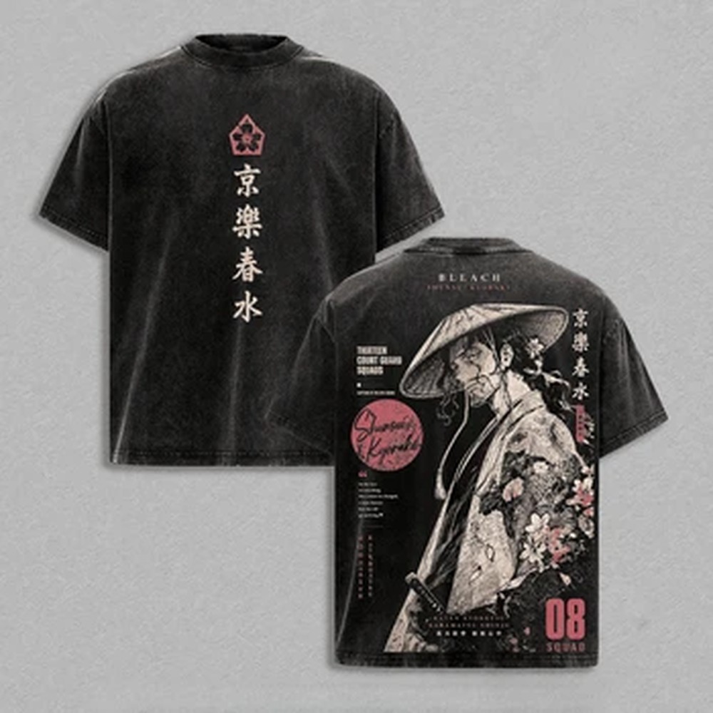 Summer Clothing Vintage - 京楽順水アニメブリーチ Tシャツヴィンテージウォッシュファッション Tシャツ夏半袖コットン Tシャツトップス男性女性服