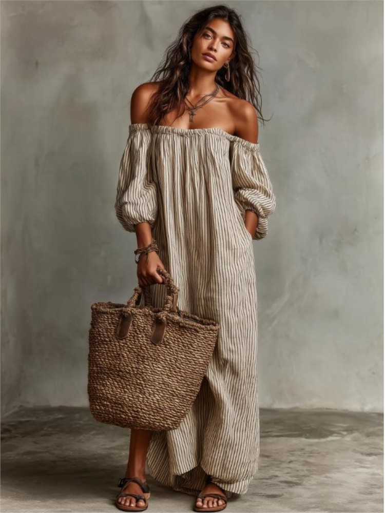 Summer Clothing H&M - フェミニンなオフショルダーパフスリーブロングドレス 2026 春夏 ビーチバケーションロングドレス レトロストライププリントポケットドレス