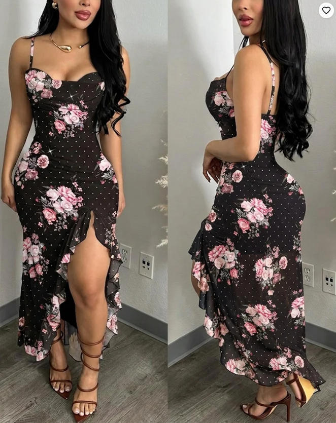 Sundress Midi Floral - レディースファッション、花柄のカウルネックキャミソールミディドレス、2026年夏の新商品、カジュアルなラインストーンメッシュ素材のバケーションドレス、スリット入り、フリル裾のサマードレス。