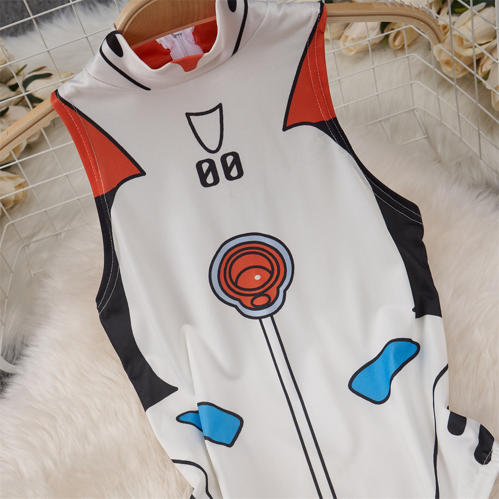 白かわいい甘い漫画プリントジャンプスーツハーフハイカラーノー - Summer Clothing Model のレビューと価格