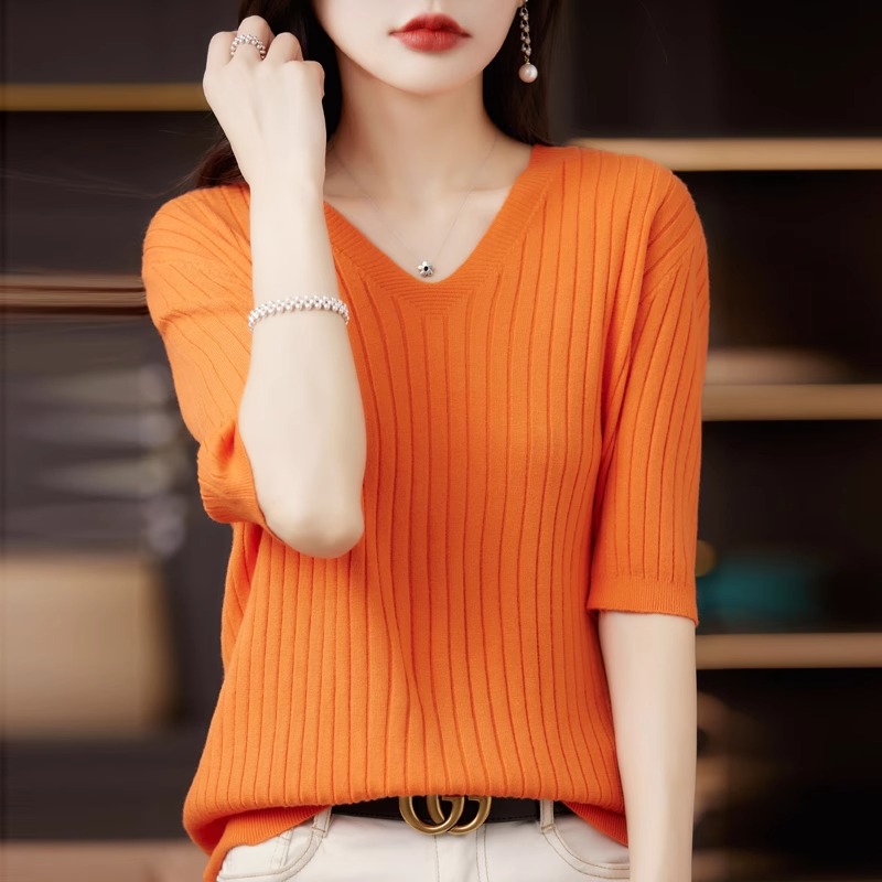 女性のセーター春夏半袖 V ネックニットシャツカジュアル韓国 - Summer Clothing Yarn のレビューと価格