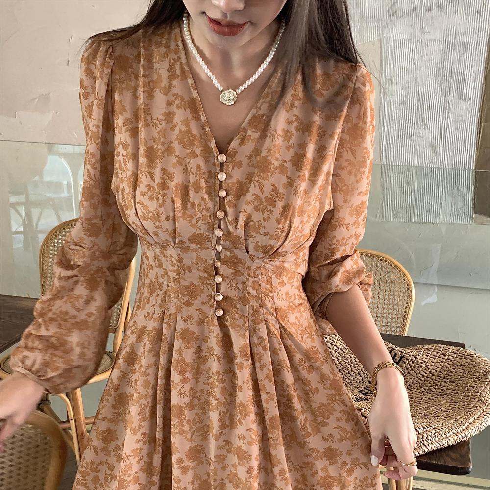 女性用ベルト付きヴィンテージフローラルロングドレス,Vネック - Sundress Midi Floral のレビューと価格