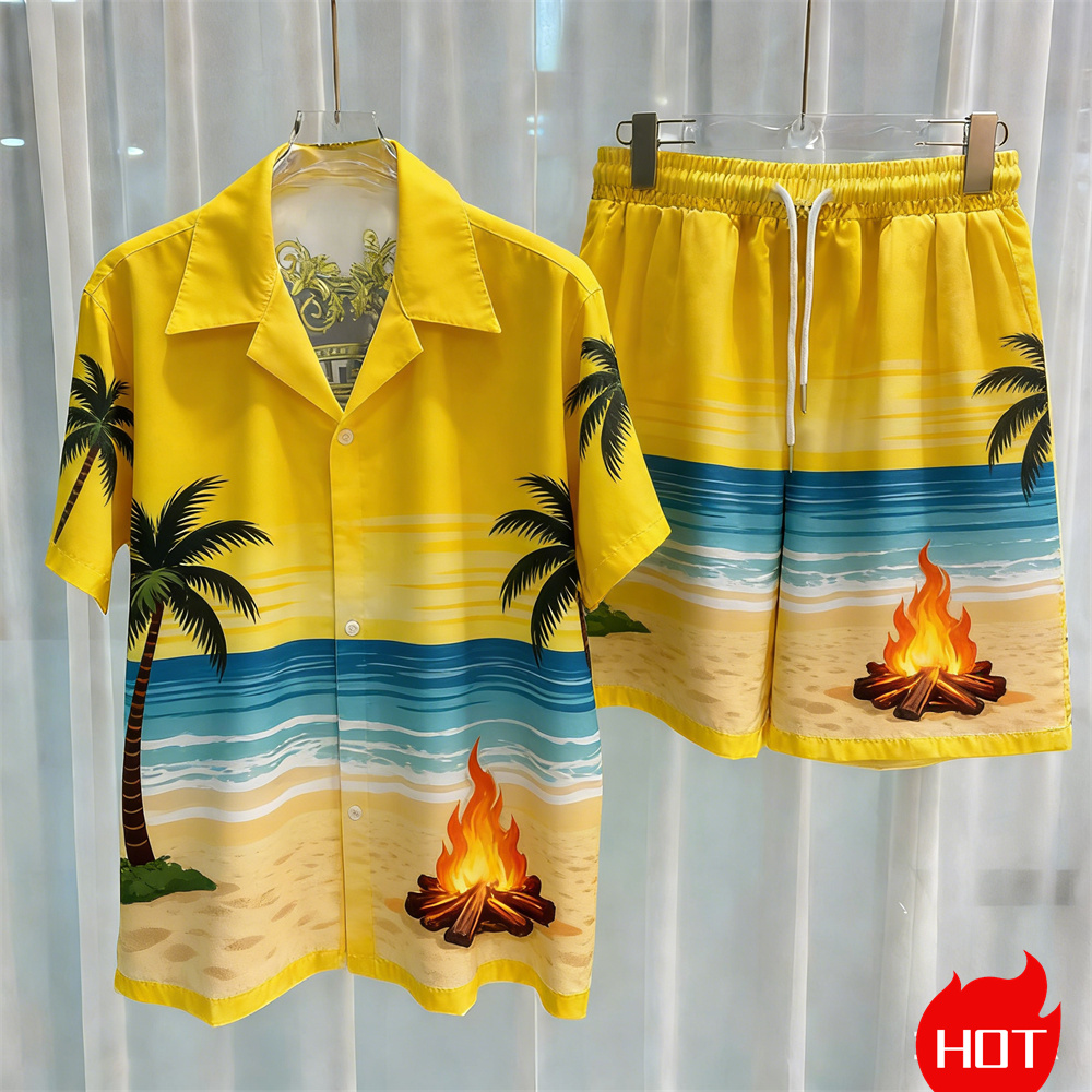 夏のメンズシャツセット 3Dココナッツツリー柄 ポリエステル - Summer Clothing Y2K のレビューと価格