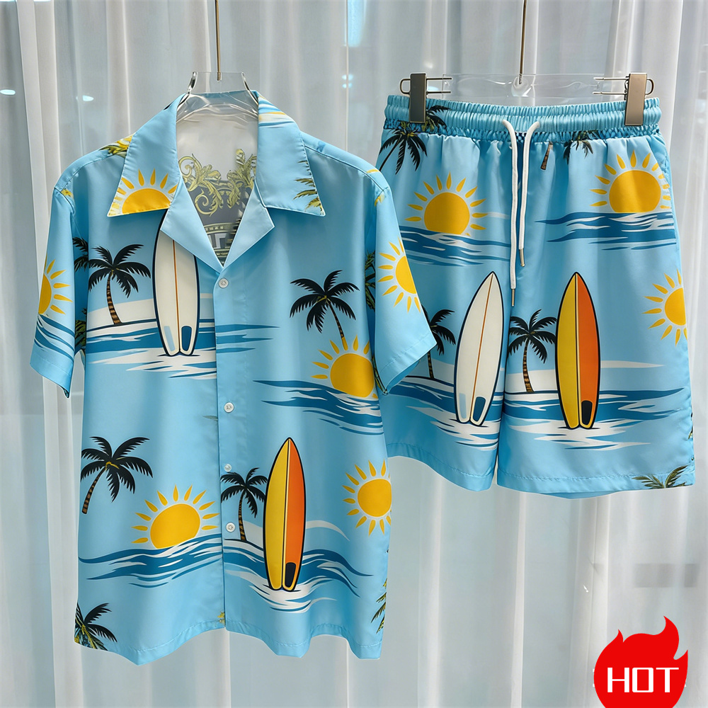 夏のメンズシャツセット 3Dココナッツツリー柄 ポリエステル - Summer Clothing Y2K のレビューと価格