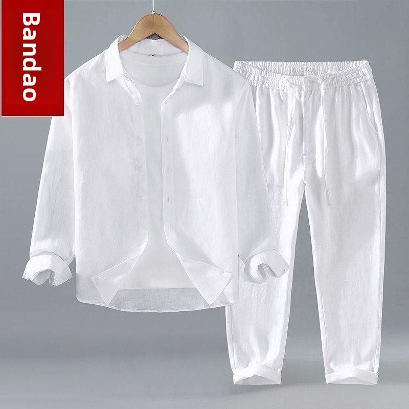 春夏中国風綿麻長袖ツーピースセットメンズ伝統服唐スーツカジュ - Summer Clothing Styles のレビューと価格