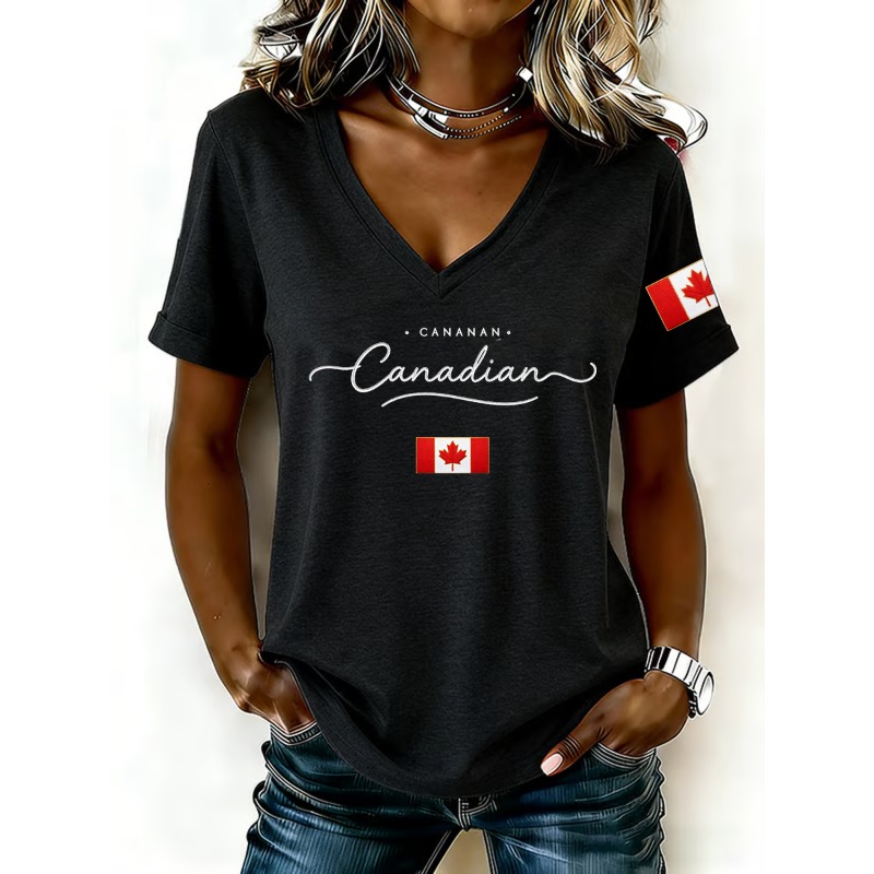 カナダ国旗プリント女性の Tシャツファッション V ネック半 - Summer Clothing Women Canada のレビューと価格
