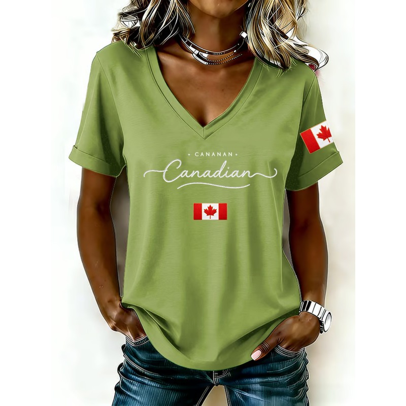 カナダ国旗プリント女性の Tシャツファッション V ネック半 - Summer Clothing Women Canada のレビューと価格