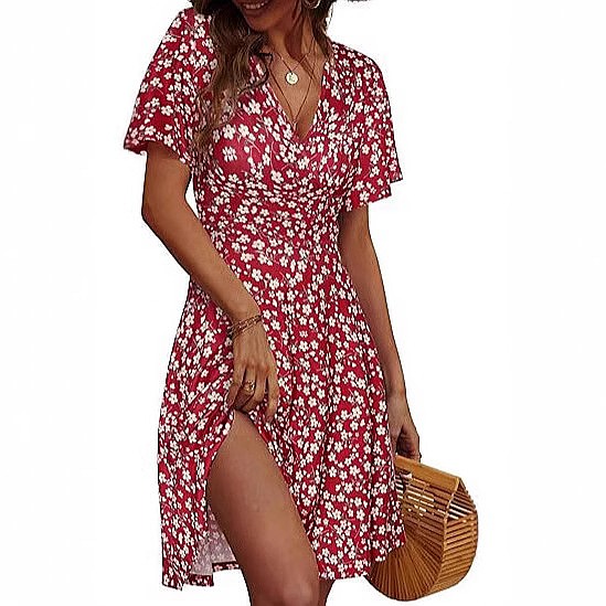 レディースノースリーブ花柄ラップVネックミディドレスサマーサ - Sundress Midi Floral のレビューと価格