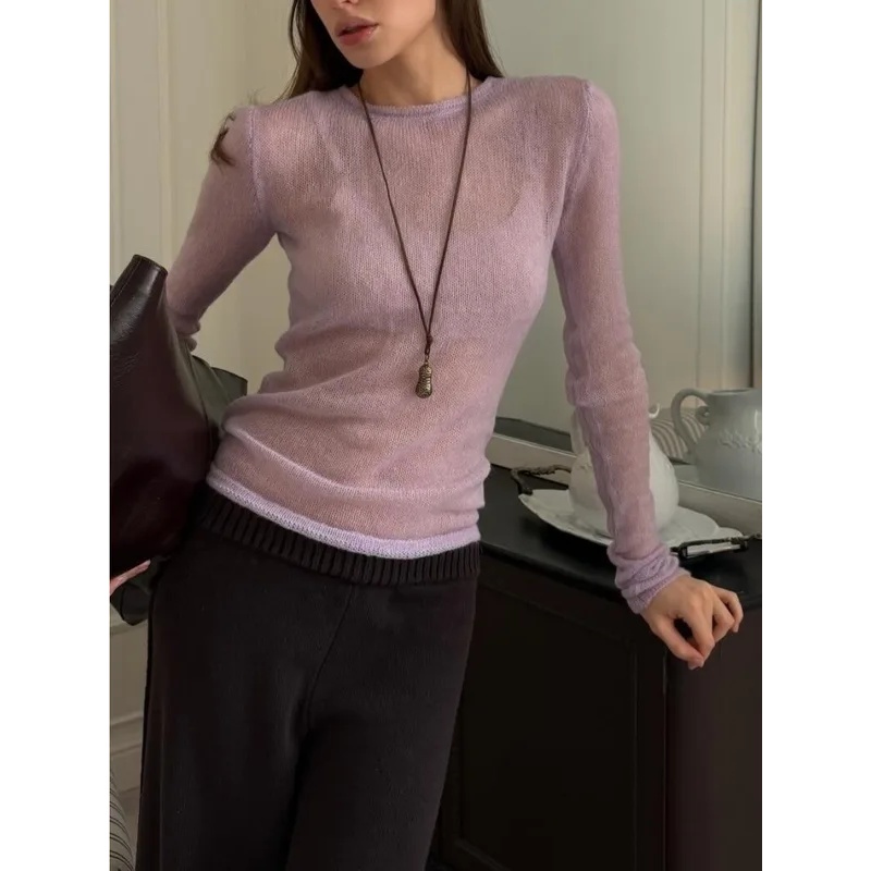 女性の薄いニットセーター春と夏のクラシックソリッドOネック長 - Summer Clothing Yarn のレビューと価格