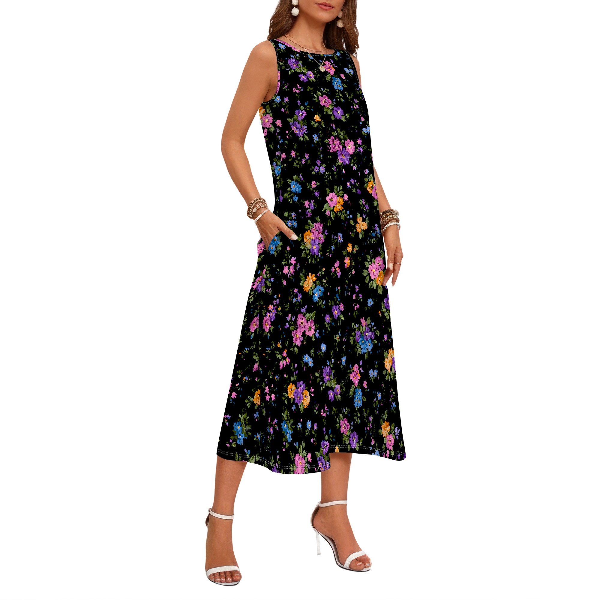 花柄プリントノースリーブドレス、夏用カジュアルマキシドレス、 - Sundress Midi Floral のレビューと価格