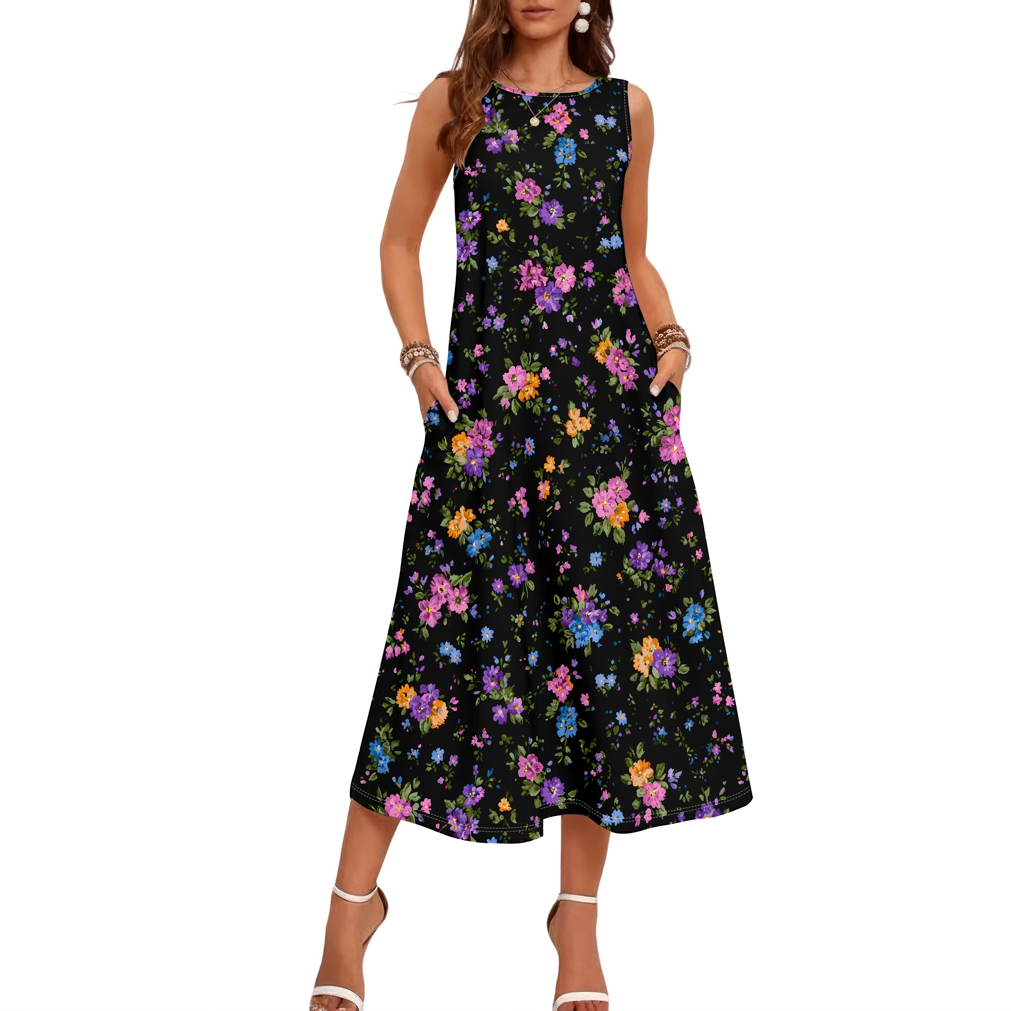 花柄プリントノースリーブドレス、夏用カジュアルマキシドレス、 - Sundress Midi Floral のレビューと価格