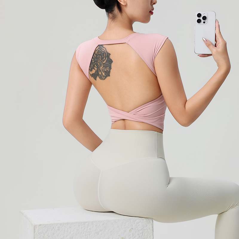 女性の背中の開いたフィットネス服固定胸パッド付き美しいトップ - Summer Clothing Model のレビューと価格