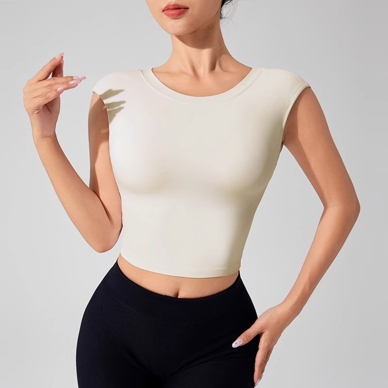 女性の背中の開いたフィットネス服固定胸パッド付き美しいトップ - Summer Clothing Model のレビューと価格