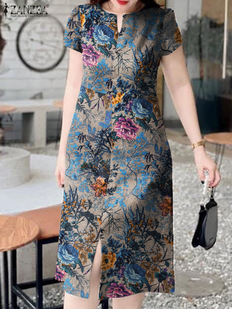 Zanzea-女性用半袖ミディドレス,レトロスタイル,Vネッ - Sundress Midi Floral のレビューと価格