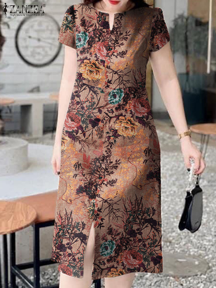 Zanzea-女性用半袖ミディドレス,レトロスタイル,Vネッ - Sundress Midi Floral のレビューと価格