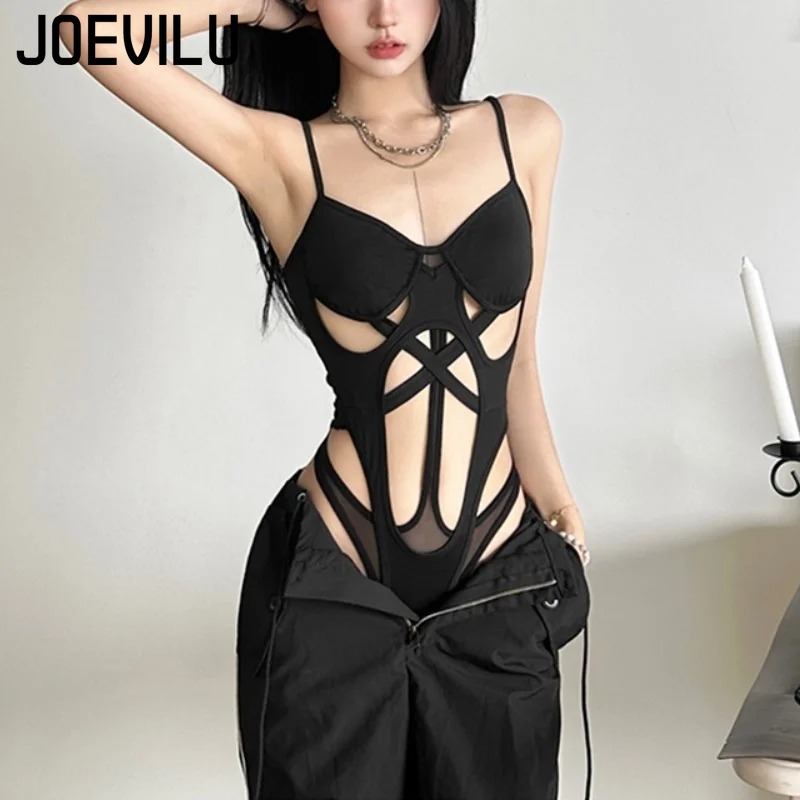Y2K ブラックボディスーツ女性中空アウトセクシーなノースリ - Summer Clothing Model のレビューと価格