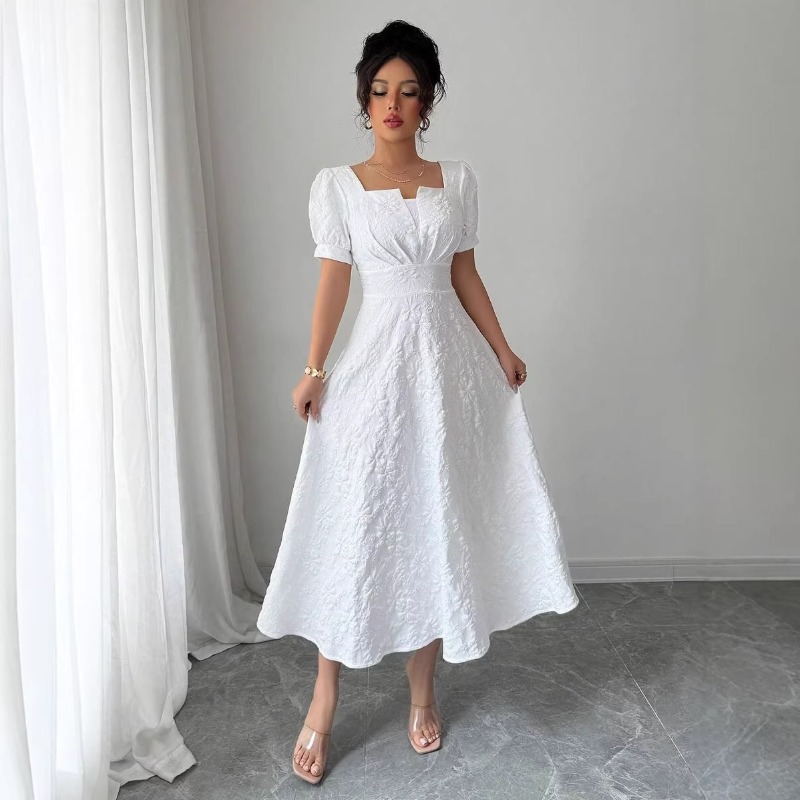 女性用ホワイトエンボス花柄ミディドレス ハイウエストAライン - Sundress Midi Floral のレビューと価格