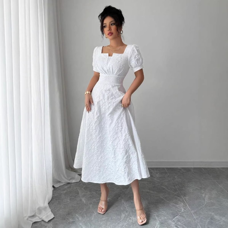 女性用ホワイトエンボス花柄ミディドレス ハイウエストAライン - Sundress Midi Floral のレビューと価格