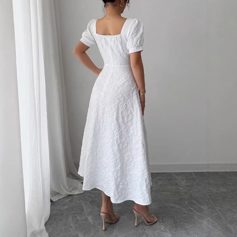 女性用ホワイトエンボス花柄ミディドレス ハイウエストAライン - Sundress Midi Floral のレビューと価格