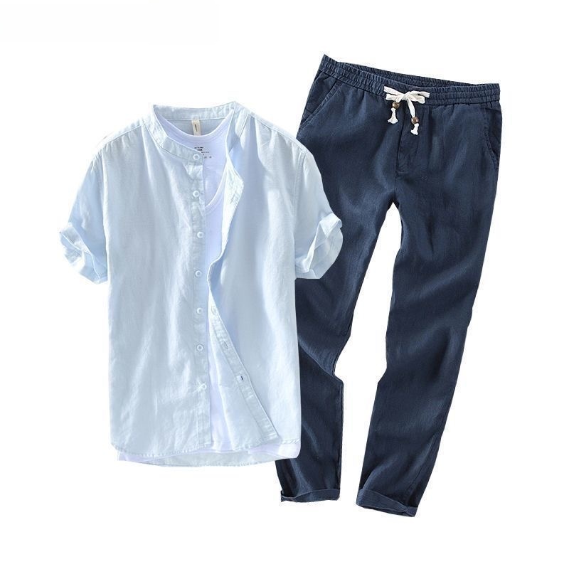メンズリネン半袖カジュアルシャツとTシャツセット通気性のある - Summer Clothing Wear のレビューと価格