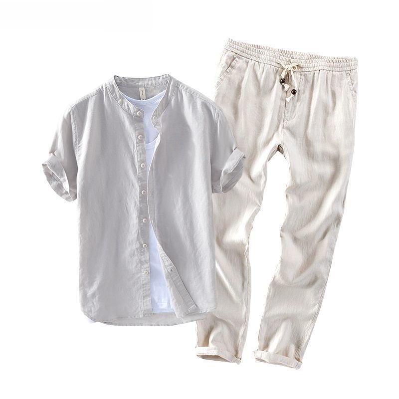 メンズリネン半袖カジュアルシャツとTシャツセット通気性のある - Summer Clothing Wear のレビューと価格