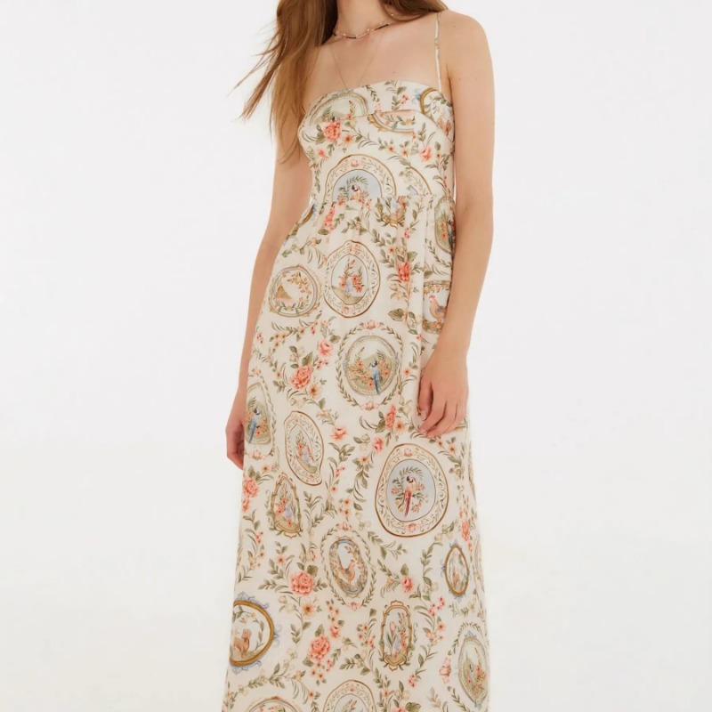 女性用ヴィンテージ花柄プリントスパゲッティストラップミディド - Sundress Midi Floral のレビューと価格