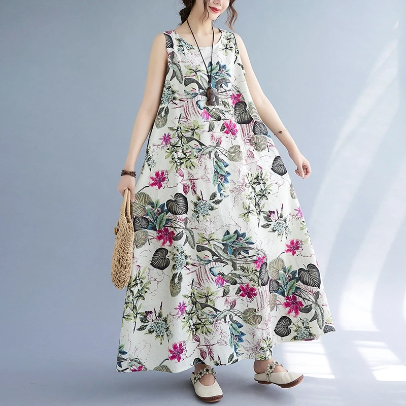 夏の花柄プリントコットンリネン、ノースリーブルーズフィットワ - Sundress Midi Floral のレビューと価格